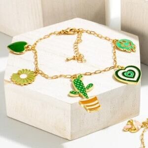 Western Enamel Charm Bracelet Green Gold Cactus Heart Daisy